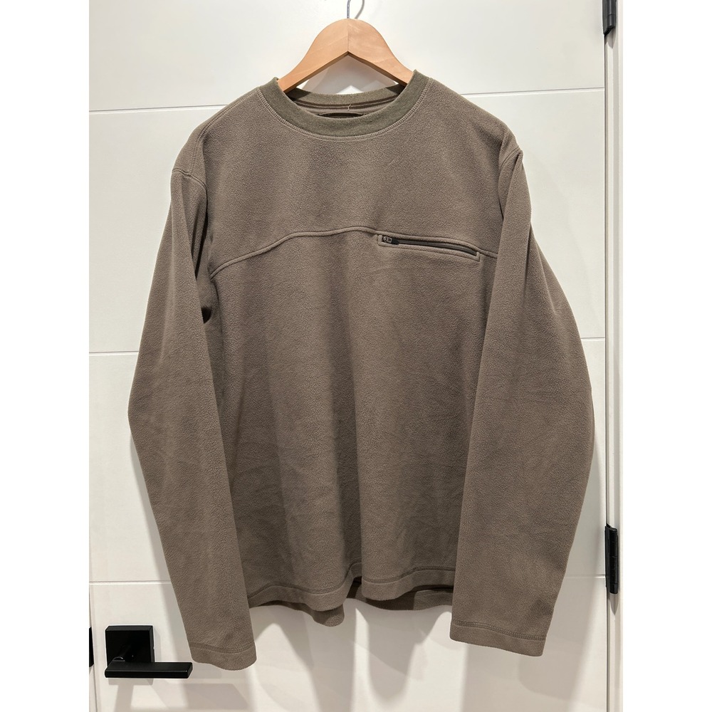 LL Bean Mens Large Fleece Crewneck Pullover Brown Zipper Pocket HJX9